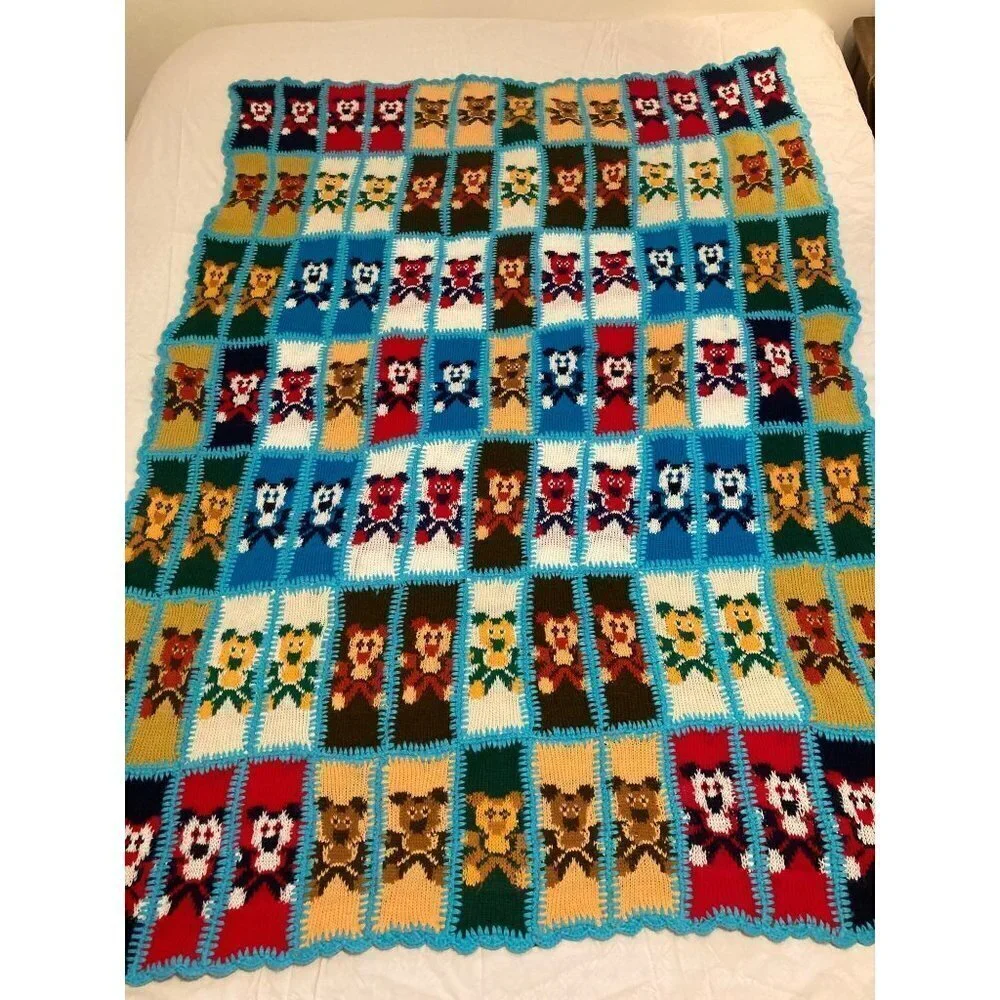 Rare Style Vintage Kids Knit Sweater Crocheted Bears Blanket Multicolored 42 x 6